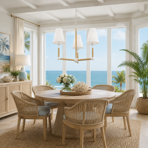 White Mariana Rattan Wrapped 3-Light Chandelier in dining room