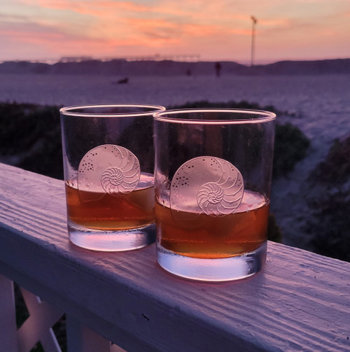 Nautilus Shell Etched Set of Four Double Old Fashioned Glasses Nautilus Shell Etched Set of Four Double Old Fashioned Glasses