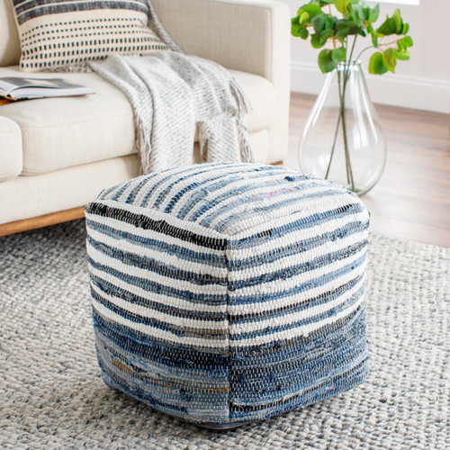 Surfside Denim Woven Square Pouf in room