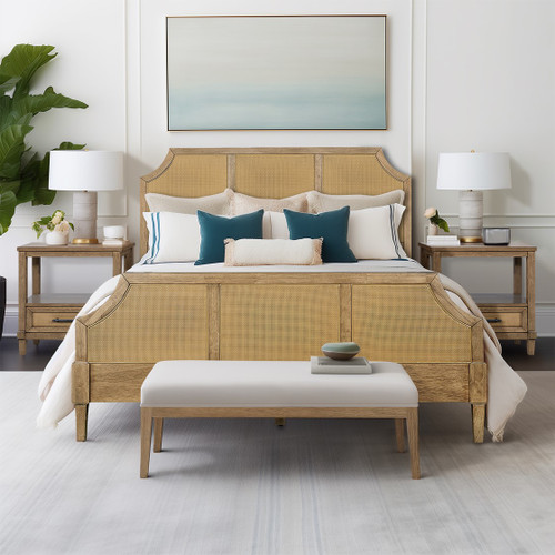 Salinas Woven Cane Queen Size Platform Bed with matching bedside tables