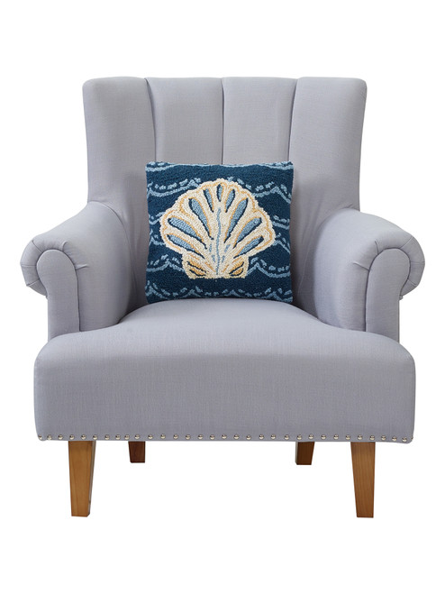 Indigo Blue Scalloped Shell Wool Hooked Pillow on chair
