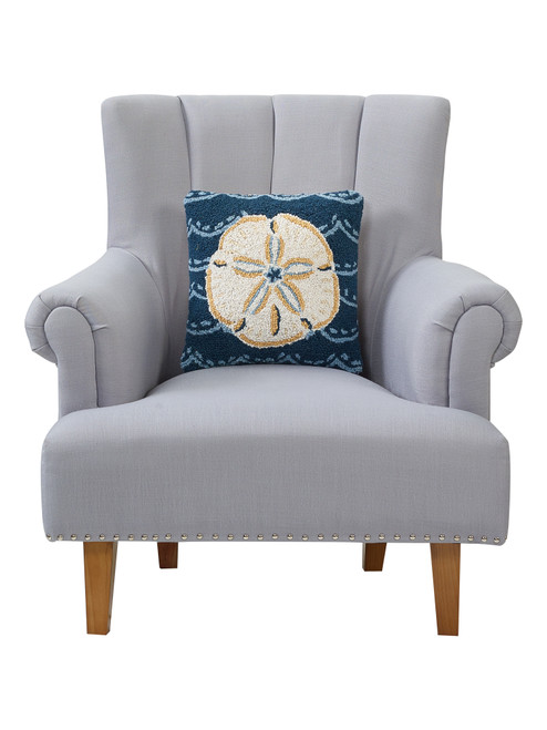 Indigo Blue Sand Dollar Wool Hooked Pillow on chair