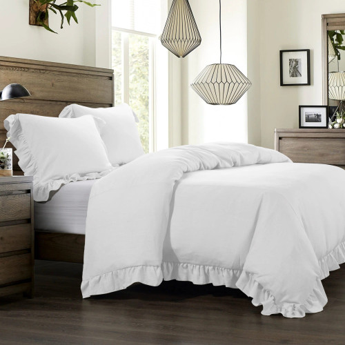 Lili Ruffled White Linen Queen Comforter Bedding Set