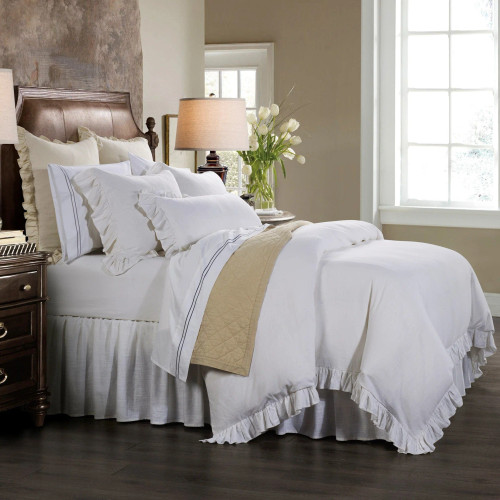 Lili Ruffled White Linen Queen Comforter Bedding Set mixed with sandy taupe pieces