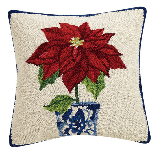 Ginger Jar Holiday Poinsettia Hooked Pillow
