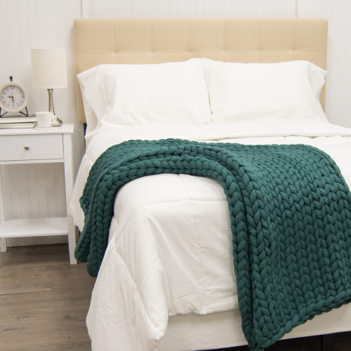 Peacock Teal Lush Chunky Knit Throw on bed