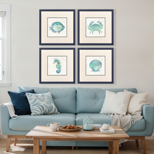 Blue-Green Under the Sea Life Framed Art - Set of Four room view