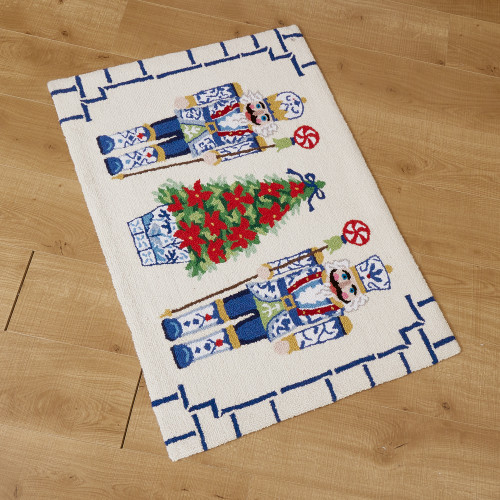 Blue Chinoiserie Holiday Wool Hooked Accent Rug on floor