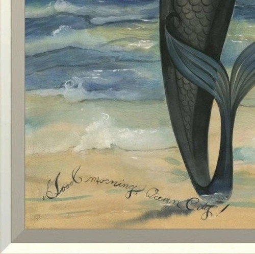 Good Morning Ocean City Mermaid Wall Art - White Frame corner close up Good Morning Ocean City Mermaid Wall Art - White Frame corner close up