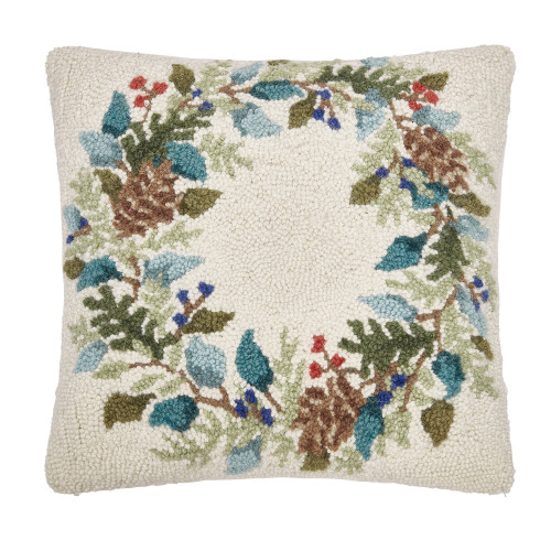 Blue Holly and Pine Cone Wreath Hooked Pillow
