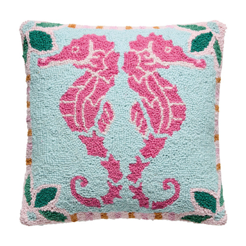 Preppy Pink Seahorses Wool Hooked Pillow