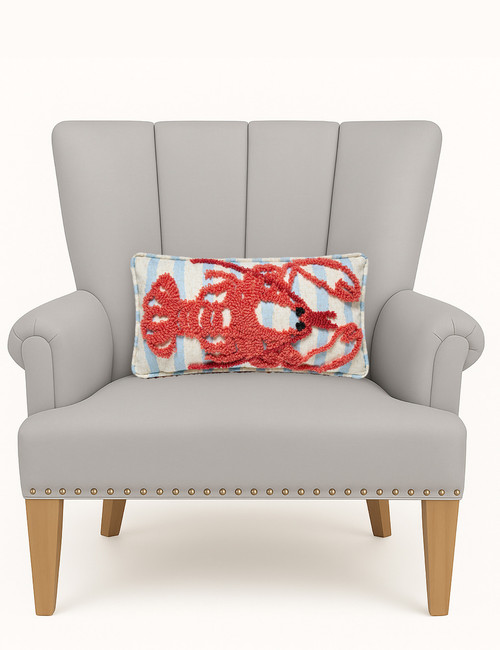 Fisherman's Light Blue Striped Tufted Lobster Pillow on chair