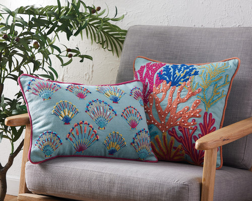 Lanai Tropical Sea Shells Embroidered Pillow with coral pillow