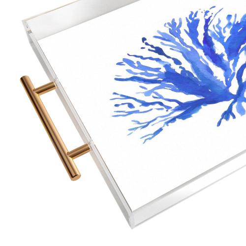 Blue Sea Coral Acrylic Serving Tray with Gold Handles closer view