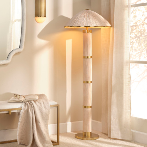 Seychelles Luxe Rattan and Polished Brass Floor Lamp in room