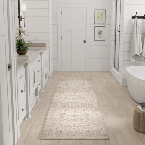 Brittany Park Beige Vintage Washable Area Rug runner size