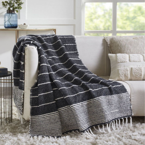 Allison Navy and White Woven Striped Throw on sofa
