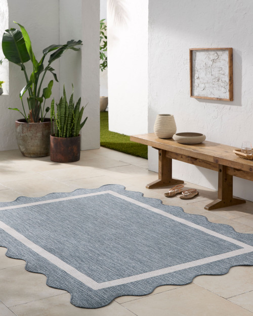 Cocoa Beach Blue and Cream Scalloped Rug floor view