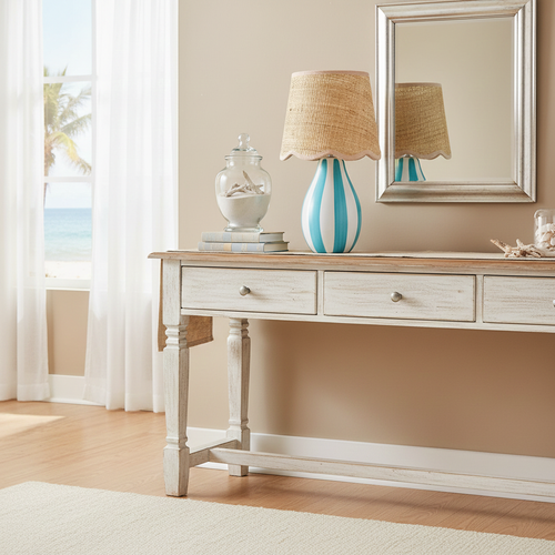 Turquoise Cabana Accent Table Lamp with Raffia Shade on an entry table