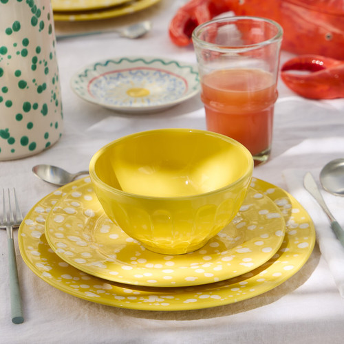 Daffodil Yellow Polka Dot Rafaela Dinner Plate on table