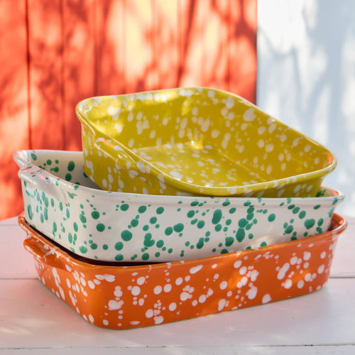 Green and White Polka Dot Rafaela Rectangle Baker shown with yellow square baker