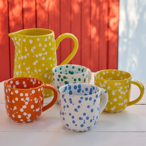 Cornflower Blue Polka Dot Rafaela Mug with other colors and yellow pitcher