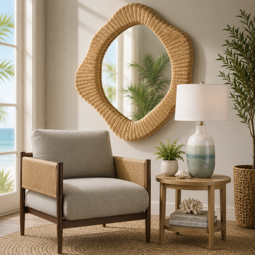 Island Retreat Large Woven Rattan Mirror with brela chair image