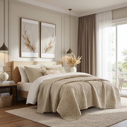 Harbor Palm Leaves 3 Piece Linen Quilted Set