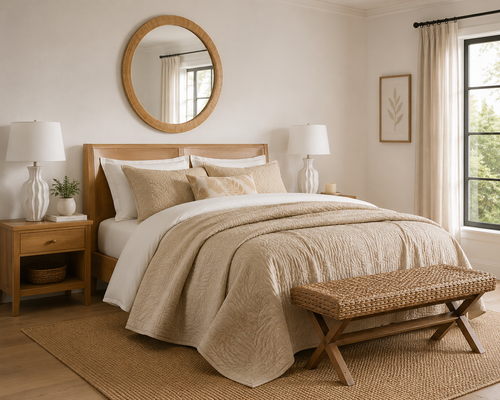 Harbor Palm Leaves 3 Piece Linen Queen Size Quilted Set