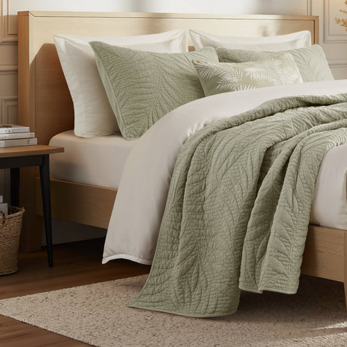 Botanical Palm Leaves 3 Piece Sage Green Quilted Set 