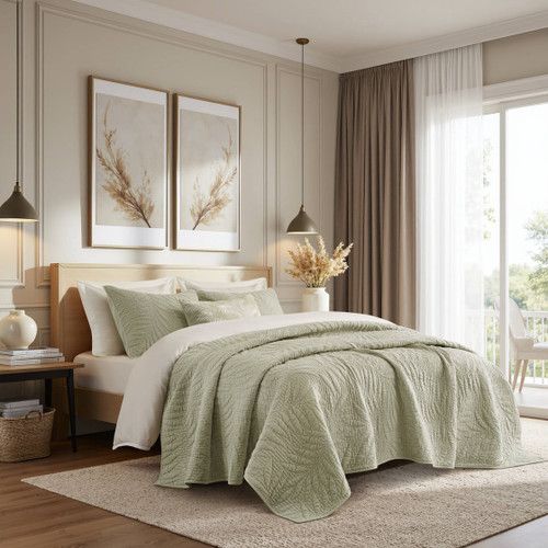 Botanical Palm Leaves 3 Piece Sage Green Quilted Set 