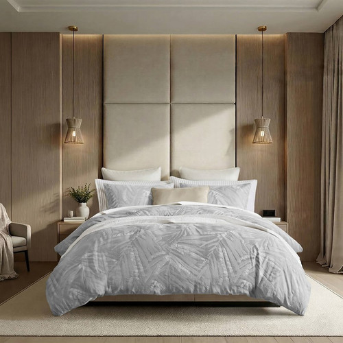Silvered Grey Palm Leaves  3-Piece Duvet Set full room image