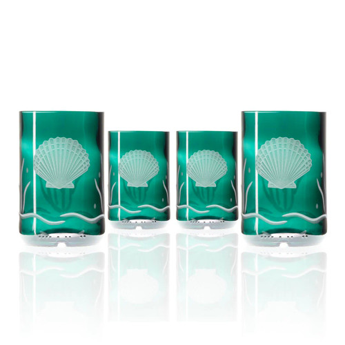 Teal Scallop Shell Engraved Upcycled Set of Four Glasses