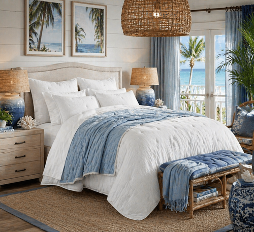 Sea Breeze White Cotton Embroidered Queen Size Bedding Set with blue coastal elements