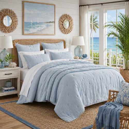 Sea Breeze Pale Blue Cotton Embroidered King Size Bedding Set