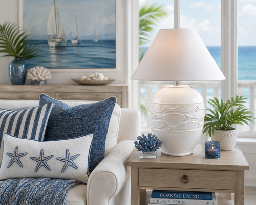 Drift Away School of Fish White Table Lamp image in a blue and white room
