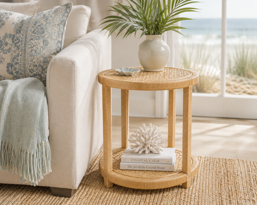 Elliot Round Rattan Table with Bottom Shelf room example