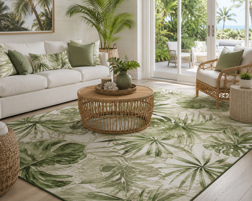 Belmar Coast Aloe Green Palms Plush Area Rug room example
