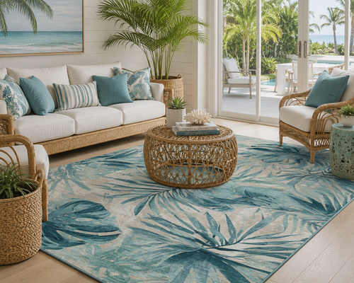 Belmar Coast Teal Palms Plush Area Rug room example