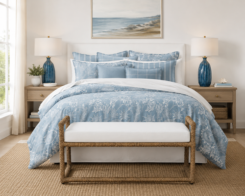Mariner's Knot Rope Wrapped Upholstered Bench with Big Sur Lamp and Seashell Bedding