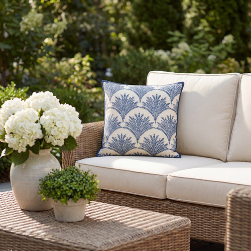 Navy Blue Dune Grass Foliage Motif 18 x 18 Outdoor Pillow on sofa