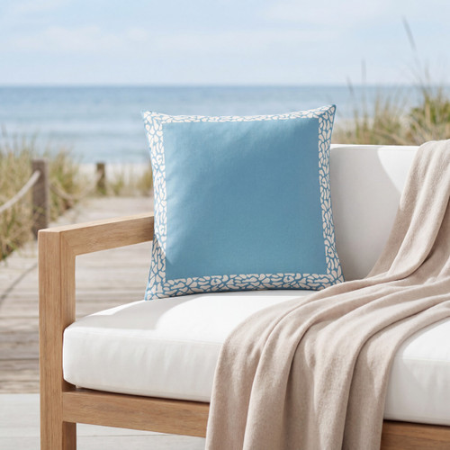 Aqua Decorative Border 18 x 18 Outdoor Pillow on chair