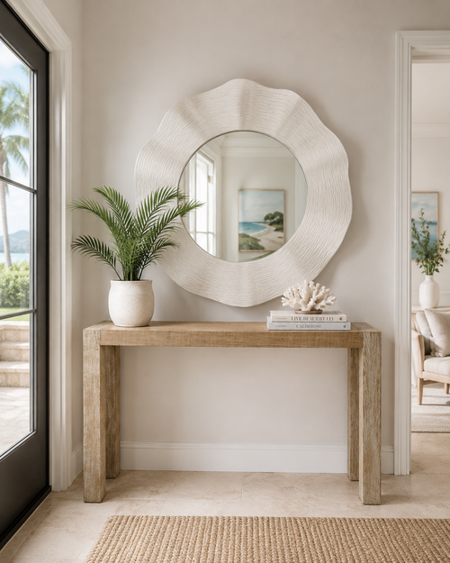 Wave Length Coastal White Round Mirror in entry way