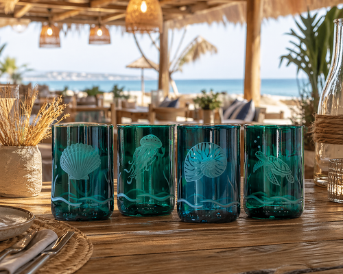 Teal Mixed Set - Sea Creature Engraved Upcycled Set of Four Glasses on beach bar