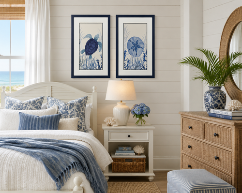 Blue Sea I Wall Art Duo in bedroom