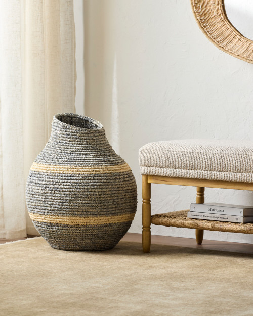 Isabel Ocean Blue Raffia Decorative Basket entry way view
