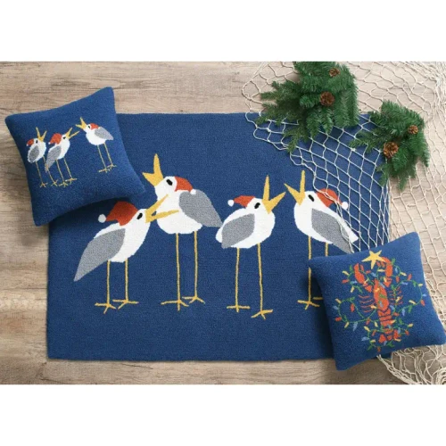 Caroling Seagulls Wool Hooked Pillow with matching pieces