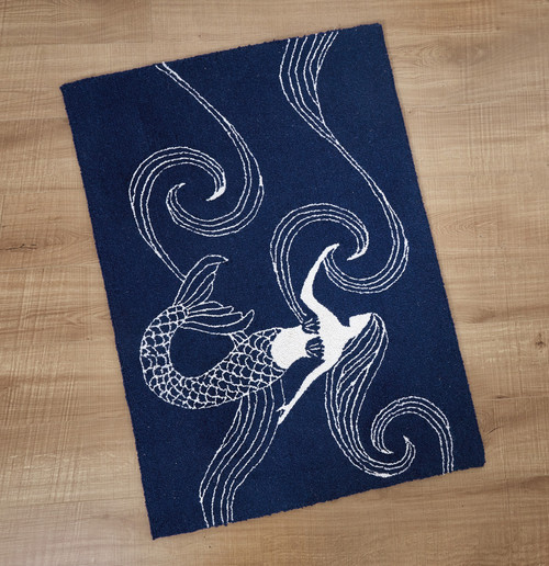 Ocean Song Mermaid Hooked Wool Accent Rug on floor
