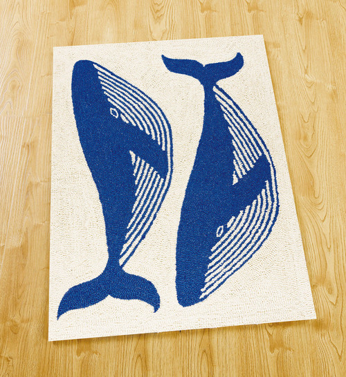 Navy Whale Duo Hooked Wool Accent Rug on floor