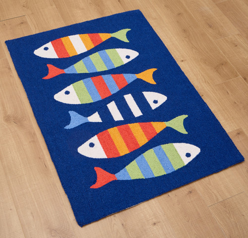 Picket Fish Colorful Wool Hooked Accent Rug on floor